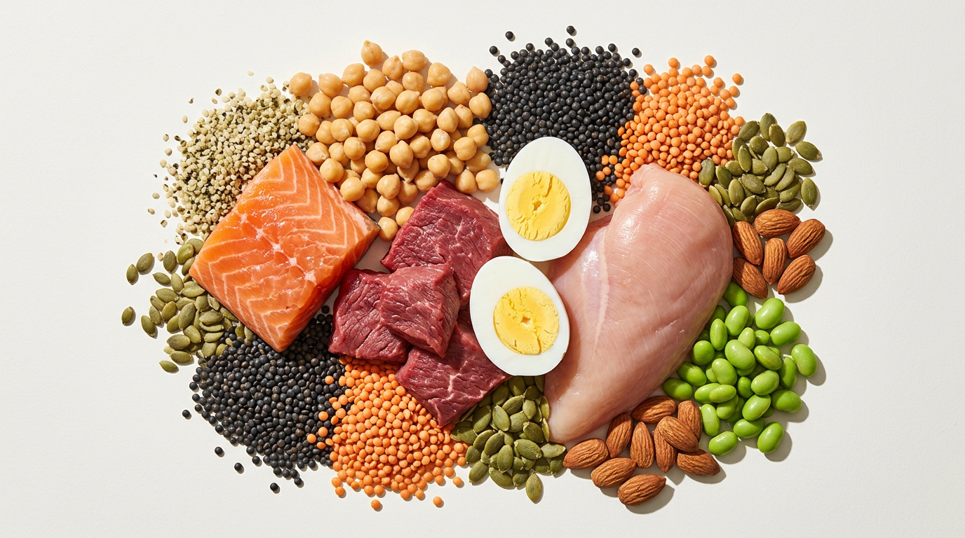 Eine Vielfalt an Lebensmitteln als Beispiel für eine Eiweißreiche Ernährung.